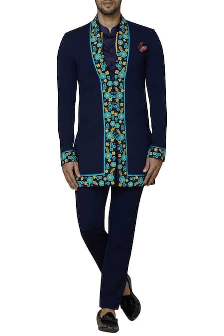 SOL by Piyush Dedhia Blue Herringbone Embroidered Jacket Kurta Set  