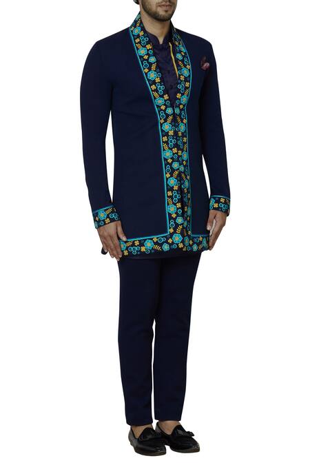 Sol By Piyush Dedhia_Blue Herringbone Embroidered Jacket Kurta Set  _Online_at_Aza_Fashions
