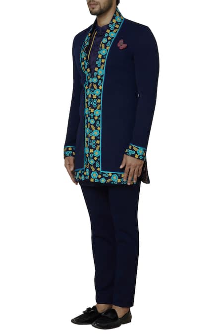 Buy_Sol By Piyush Dedhia_Blue Herringbone Embroidered Jacket Kurta Set  _Online_at_Aza_Fashions