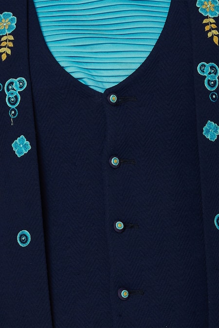 Sol By Piyush Dedhia_Blue Herringbone Embroidered Jacket Kurta Set  _at_Aza_Fashions