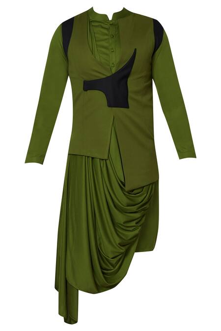 Shop_Sol By Piyush Dedhia_Green Polyester Knit Draped Kurta Bundi Set  _Online_at_Aza_Fashions