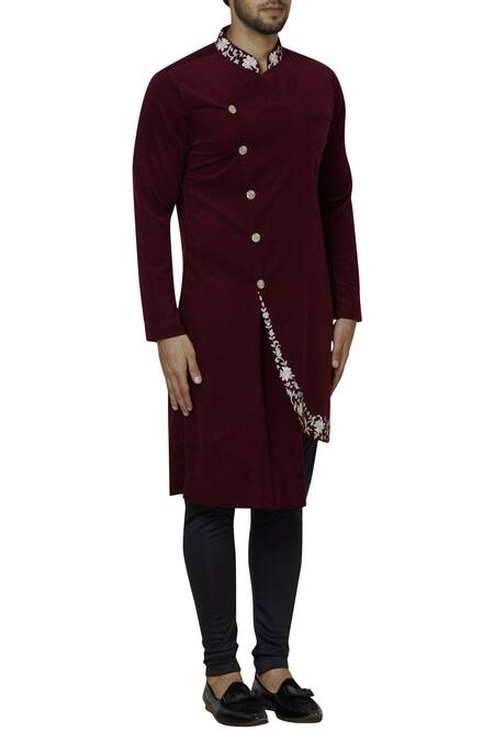 Sol By Piyush Dedhia_Maroon Corduroy Overlap Sherwani Set  _Online_at_Aza_Fashions