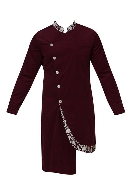 Shop_Sol By Piyush Dedhia_Maroon Corduroy Overlap Sherwani Set  _Online_at_Aza_Fashions