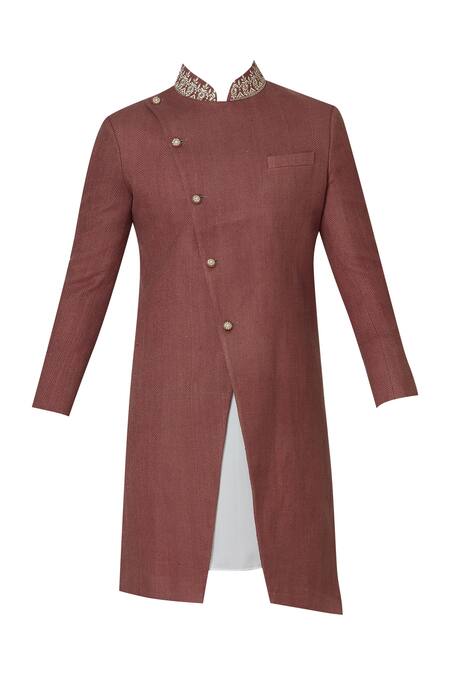 Buy_Sol By Piyush Dedhia_Red Matka Silk Overlap Sherwani Set  _Online_at_Aza_Fashions