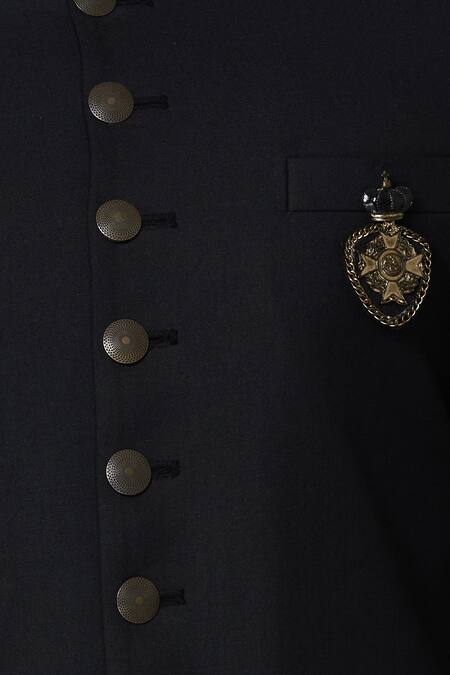 Sol By Piyush Dedhia_Black Polyester Knit Button Front Sherwani Set _at_Aza_Fashions