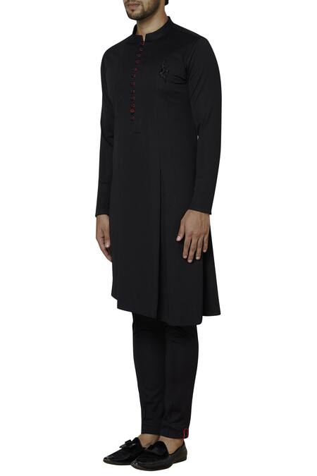 Sol By Piyush Dedhia_Black Twill Knit Asymmetric Kurta Bandhgala Set _Online_at_Aza_Fashions