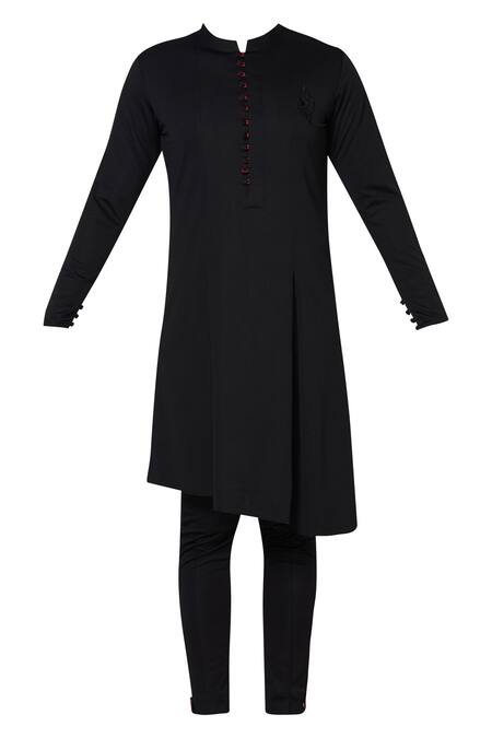 Buy_Sol By Piyush Dedhia_Black Twill Knit Asymmetric Kurta Bandhgala Set _Online_at_Aza_Fashions