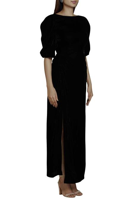 Strapless Black Velvet Long Prom Dresses with High Slit, Black Velvet –  Shiny Party