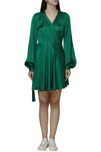 Shop_Ankita_Green Modal Satin Flared Wrap Dress_Online_at_Aza_Fashions