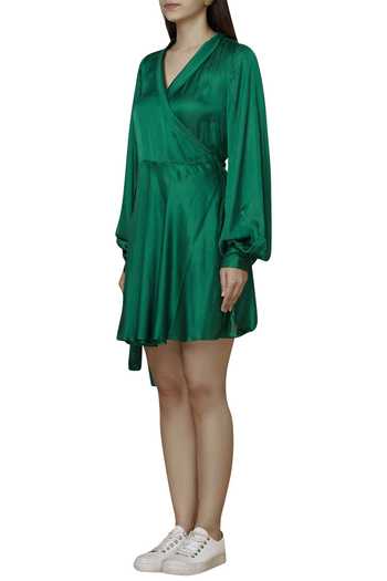 Ankita_Green Modal Satin Flared Wrap Dress_Online_at_Aza_Fashions