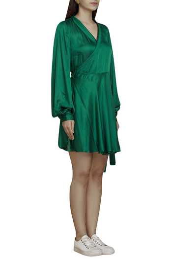Buy_Ankita_Green Modal Satin Flared Wrap Dress_Online_at_Aza_Fashions