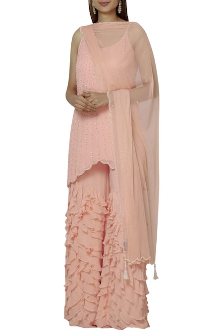 Arpan Vohra Peach Georgette Round Embellished Kurta And Pant Set