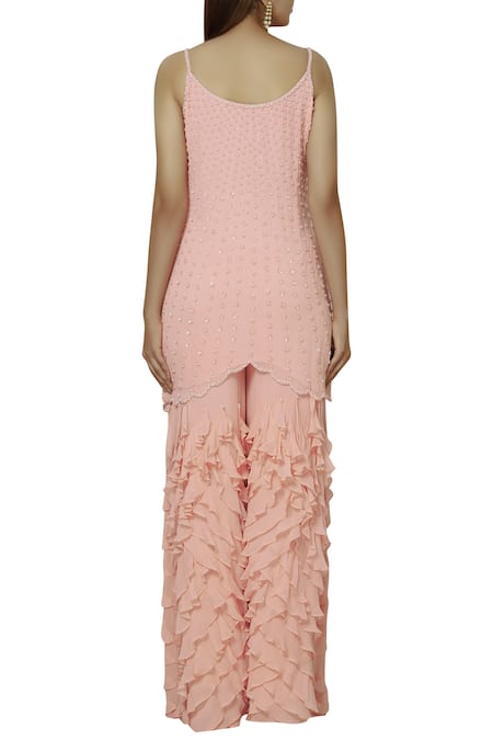 Shop Arpan Vohra Peach Georgette Round Embellished Kurta And Pant Set at Aza Fashions Shop_Arpan Vohra_Peach Georgette Round Embellished Kurta And Pant Set_at_Aza_Fashions