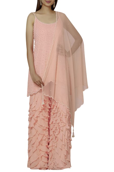 Arpan Vohra Peach Georgette Round Embellished Kurta And Pant Set Online at Aza Fashions Arpan Vohra_Peach Georgette Round Embellished Kurta And Pant Set_Online_at_Aza_Fashions