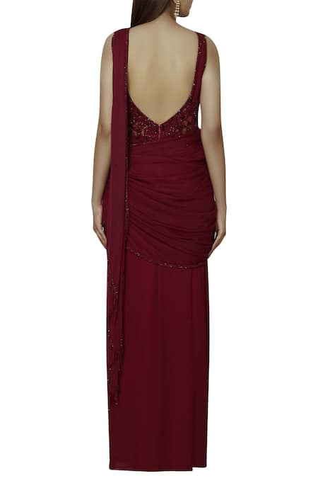 Shop Arpan Vohra Wine Georgette V Neck Embellished Pre-draped Saree at Aza Fashions Shop_Arpan Vohra_Wine Georgette V Neck Embellished Pre-draped Saree _at_Aza_Fashions