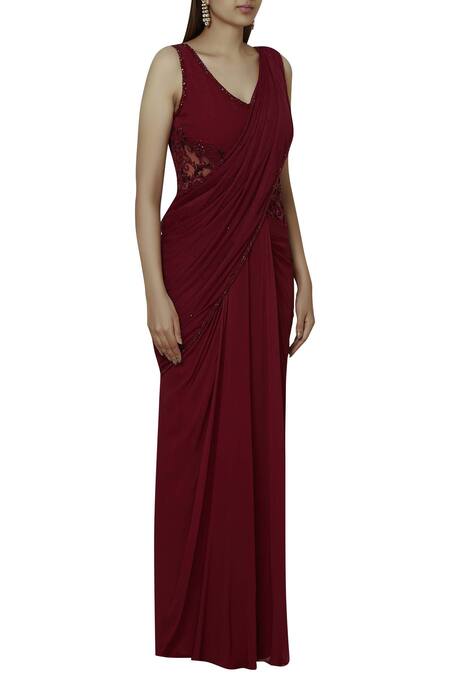 Arpan Vohra Wine Georgette V Neck Embellished Pre-draped Saree Online at Aza Fashions Arpan Vohra_Wine Georgette V Neck Embellished Pre-draped Saree _Online_at_Aza_Fashions