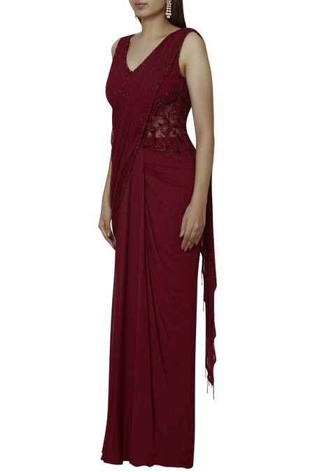 Buy Arpan Vohra Wine Georgette V Neck Embellished Pre-draped Saree Online at Aza Fashions Buy_Arpan Vohra_Wine Georgette V Neck Embellished Pre-draped Saree _Online_at_Aza_Fashions