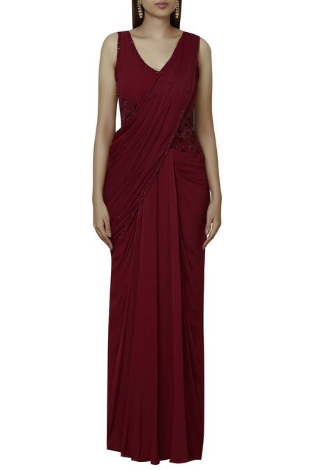 Shop Arpan Vohra Wine Georgette V Neck Embellished Pre-draped Saree Online at Aza Fashions Shop_Arpan Vohra_Wine Georgette V Neck Embellished Pre-draped Saree _Online_at_Aza_Fashions