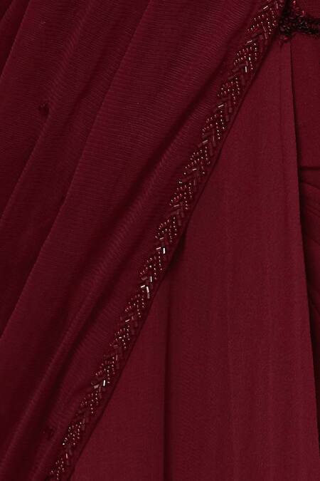Arpan Vohra Wine Georgette V Neck Embellished Pre-draped Saree at Aza Fashions Arpan Vohra_Wine Georgette V Neck Embellished Pre-draped Saree _at_Aza_Fashions
