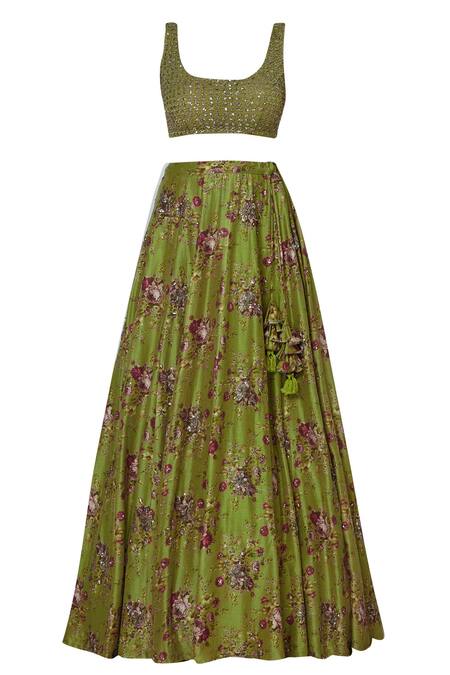 Shop ASTHA NARANG Green Blouse And Lehenga Raw Silkdupatta Net Round Embroidered Set Online at Aza Fashions Shop_ASTHA NARANG_Green Blouse And Lehenga Raw Silkdupatta Net Round Embroidered Set_Online_at_Aza_Fashions