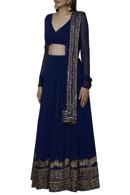 Astha Narang_Blue Georgette V Neck Embroidered Lehenga Set _Online_at_Aza_Fashions