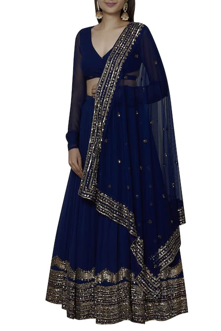 Buy_Astha Narang_Blue Georgette V Neck Embroidered Lehenga Set _Online_at_Aza_Fashions