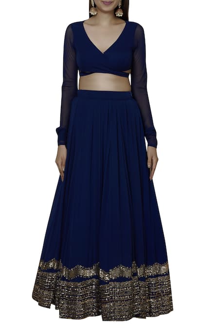 Shop_Astha Narang_Blue Georgette V Neck Embroidered Lehenga Set _Online_at_Aza_Fashions