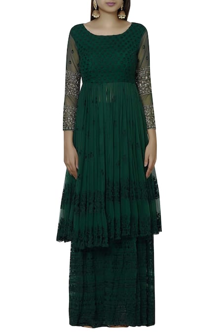 Astha Narang Green Net Round Embroidered Kurta Sharara Set Online at Aza Fashions Astha Narang_Green Net Round Embroidered Kurta Sharara Set _Online_at_Aza_Fashions