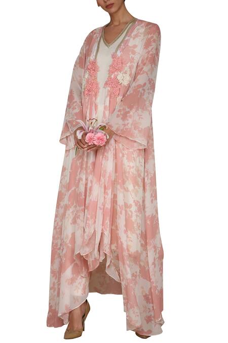 Varun Bahl_Pink Viscose Georgette V Neck Printed Cape And Kurta Set_Online_at_Aza_Fashions