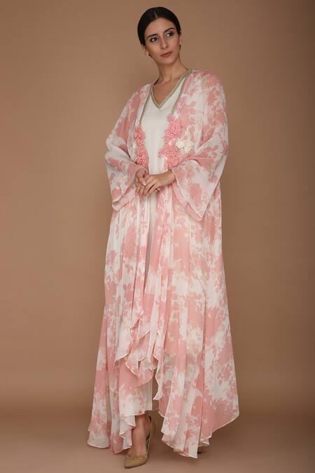 Buy_Varun Bahl_Pink Viscose Georgette V Neck Printed Cape And Kurta Set_Online_at_Aza_Fashions