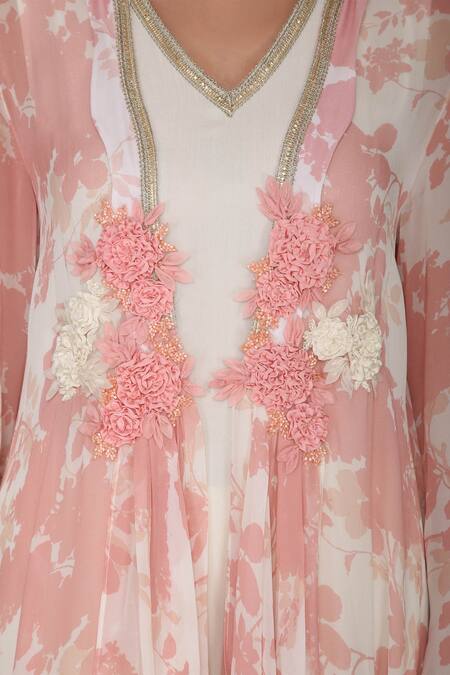 Shop_Varun Bahl_Pink Viscose Georgette V Neck Printed Cape And Kurta Set_Online_at_Aza_Fashions