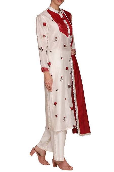 Varun Bahl_Red Chanderi Mandarin Collar Kurta Set_Online_at_Aza_Fashions