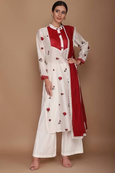 Buy_Varun Bahl_Red Chanderi Mandarin Collar Kurta Set_Online_at_Aza_Fashions