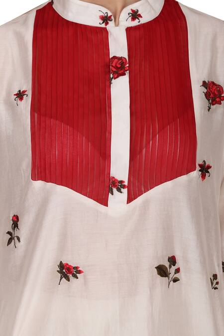 Shop_Varun Bahl_Red Chanderi Mandarin Collar Kurta Set_Online_at_Aza_Fashions