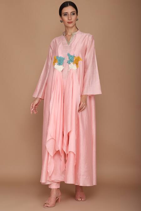 Buy_Varun Bahl_Pink Chanderi Kurta Band Collar Jacket And Set_Online_at_Aza_Fashions