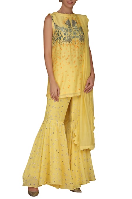 Varun Bahl Yellow Viscose Georgette Chanderi Kurta Sharara Set