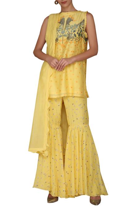 Varun Bahl_Yellow Viscose Georgette Chanderi Kurta Sharara Set_Online_at_Aza_Fashions