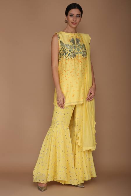Buy_Varun Bahl_Yellow Viscose Georgette Chanderi Kurta Sharara Set_Online_at_Aza_Fashions