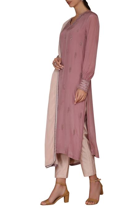 Varun Bahl_Pink Crepe V Neck Embellished Kurta Set_Online_at_Aza_Fashions