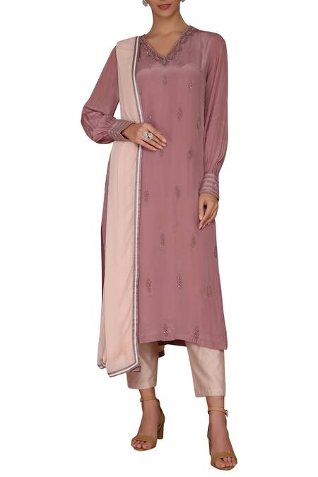 Shop_Varun Bahl_Pink Crepe V Neck Embellished Kurta Set_Online_at_Aza_Fashions