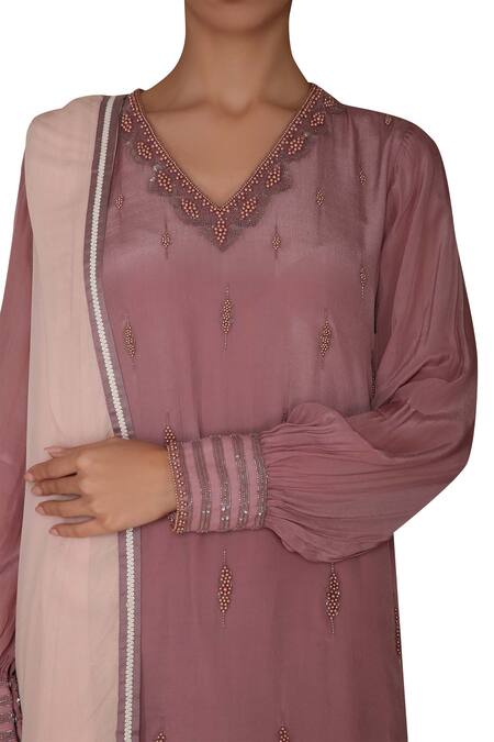 Varun Bahl_Pink Crepe V Neck Embellished Kurta Set_at_Aza_Fashions