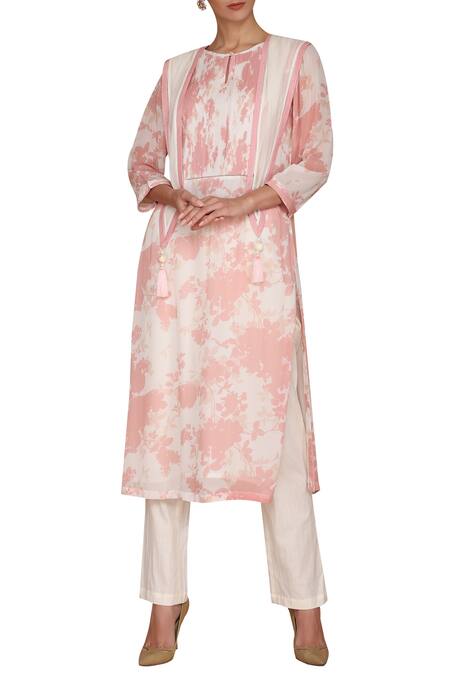 Varun Bahl_Pink Georgette Round Printed Kurta Set_Online_at_Aza_Fashions
