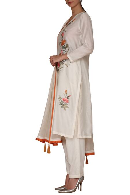 Varun Bahl_White Chanderi V Neck Embroidered Kurta Set_Online_at_Aza_Fashions