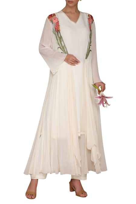 Shop_Varun Bahl_White Viscose Crepe Kurta V Neck Embroidered Jacket And Set_Online_at_Aza_Fashions