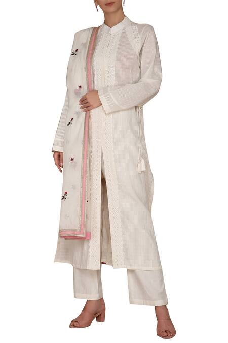 Varun Bahl White Dobby Mandarin Collar Embroidered Kurta Set