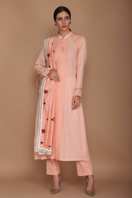 Buy_Varun Bahl_Peach Dobby Mandarin Collar Straight Kurta Set_Online_at_Aza_Fashions