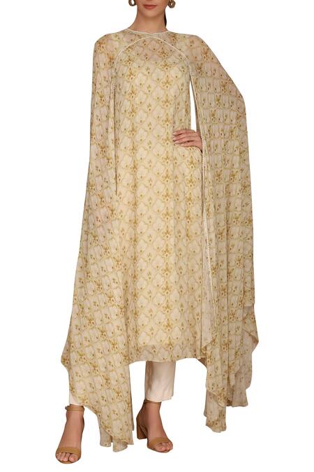 Shop_Varun Bahl_Beige Viscose Georgette High Neck Printed Cape And Kurta Set_Online_at_Aza_Fashions
