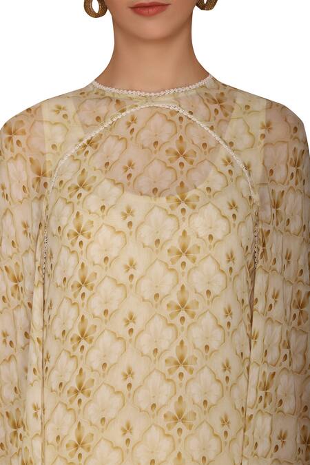 Varun Bahl_Beige Viscose Georgette High Neck Printed Cape And Kurta Set_at_Aza_Fashions