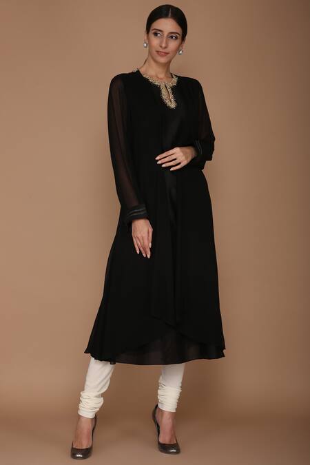 Varun Bahl_Black Viscose Georgette Round Flared Kurta Set_Online_at_Aza_Fashions