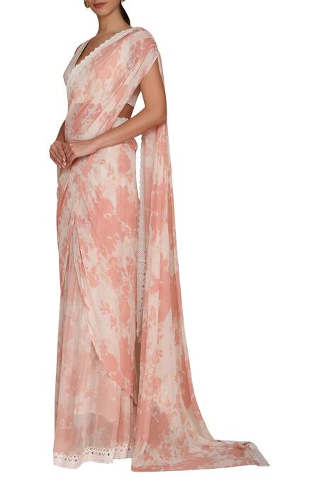 Varun Bahl_Pink Chanderi V Neck Printed Saree With Blouse_Online_at_Aza_Fashions